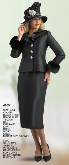 Lily & Taylor <br> (Fall/Holiday 2025 Vol. 132) <br> LT4969 <br> <br> Black  <br>  Royal-Blue  <br>  Yellow  <br>  Red  <br>  Emerald  <br>  Kiwi  <br>  Rose  <br>  Ivory  <br>  Gold  <br> 4 6 8 10 12 14 16 <br> 18 20 22 24<BR><BR>2 Piece Silky Twill Skirt Suit w/Genuine Removeable Fox Cuffs & Rhinestones Buttons