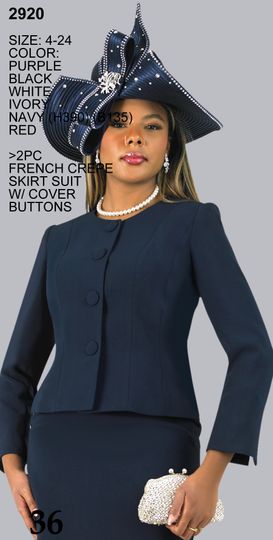 Lily & Taylor <br> (Volume 133) <br> LT2920 <br> <br> Purple   <br>  Black   <br>  White   <br>  Ivory   <br>  Navy   <br>  Red <br> 4 6 8 10 12 14 16 18 20 22 24<BR><BR>2PC French Crepe Skirt Suit w/ Cover Buttons