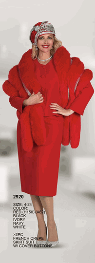 Lily & Taylor <br> (Volume 136) <br> LT2920 <br> <br> RED <br>  BLACK <br>  IVORY <br>  NAVY <br>  WHITE <br> 4 6 8 10 12 14 16 18 20 22 24<BR><BR>2Pc Jacket And Skirt Set With Cover Buttons In French Crepe Fabric