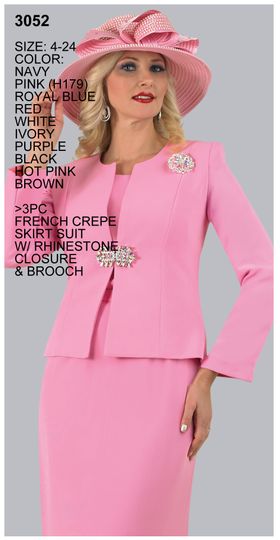 Lily & Taylor <br> (Spring/Summer Vol 128) <br> LT3052 <br> <br> Royal-Blue  <br>  Dark-Grey  <br>  Caramel  <br>  Hot-Pink  <br>  Purple  <br>  Brown  <br>  Black  <br>  Ivory  <br>  White  <br>  Navy  <br>  Pink  <br>  Red <br> <BR><BR>3 Pc. French Crepe Skirt Suit w/Rhinestone Brooch & Closure