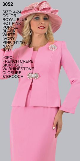 Lily & Taylor <br> (Volume 133) <br> LT3052 <br> <br> Royal-Blue   <br>  Hot-Pink   <br>  Purple   <br>  Black   <br>  White   <br>  Ivory   <br>  Pink     <br>  Navy   <br>  Red <br> 4 6 8 10 12 14 16 18 20 22 24<BR><BR>3PC French Crepe Skirt Suit w/ Rhinestone Closure & Brooch