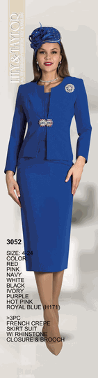 Lily & Taylor <br> (Volume 136) <br> LT3052 <br> <br> RED <br>  PINK <br>  NAVY <br>  WHITE <br>  BLACK <br>  IVORY <br>  PURPLE <br>  HOT-PINK <br>  ROYAL-BLUE <br> 4 6 8 10 12 14 16 18 20 22 24<BR><BR>3Pc Jacket/Cami & Skirt Set With Rhinestone Closure And Brooch In French Crepe Fabric