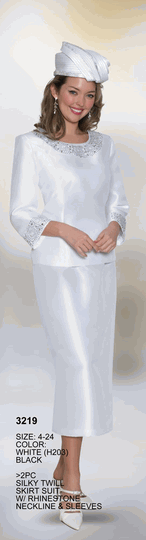 Lily & Taylor <br> (Volume 134) <br> LT3219 <br> <br> White  <br>  Black <br> 4 6 8 10 12 14<br>   16 18 20 22 24<BR><BR>2 Pc Silky Twill Skirt suit w/Rhinestone Neckline & Sleeves