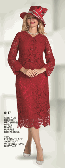 Lily & Taylor <br> (Volume 136) <br> LT5117 <br> <br> RED <br>  WHITE <br>  BLACK <br>  PURPLE <br>  ROYAL-BLUE <br> 4 6 8 10 12 14 16 18 20 22<BR><BR>3Pc Elegant Lace Skirt Suit w/Rhinestone Buttons