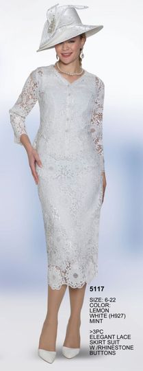 Lily & Taylor <br> (Volume 133) <br> LT5117 <br> <br> Lemon   <br>  White  <br>  Mint <br> 6 8 10 12 14 16 18 20 22<BR><BR>3PC Elegant Lace Skirt Suit w/ Rhinestone Buttons