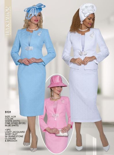 Lily & Taylor <br> (Volume 133) <br> LT5131 <br> <br> White   <br>  Pink    <br>  Blue  <br>   <br> 4 6 8 10 12 14 16 18 20 22 24<BR><BR>3PC Light Jacquard Skirt Suit w/ Rhinestone Closure & Brooch