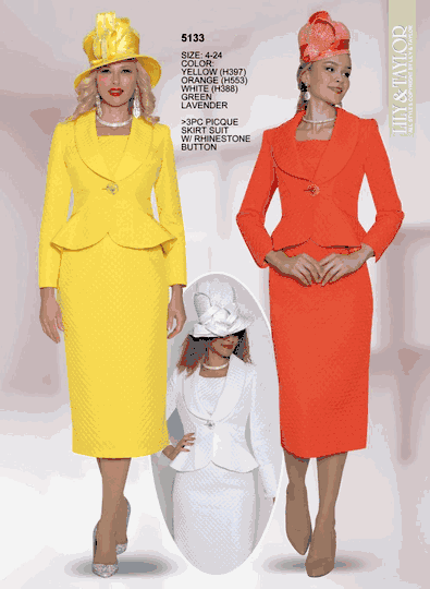 Lily & Taylor <br> (Volume 133) <br> LT5133 <br> <br> Yellow   <br>  Orange  <br>  White   <br>  Green   <br>  Lavender <br> 4 6 8 10 12 14 16 18 20 22 24<BR><BR>3PC Pique Skirt Suit w/ Rhinestone Button