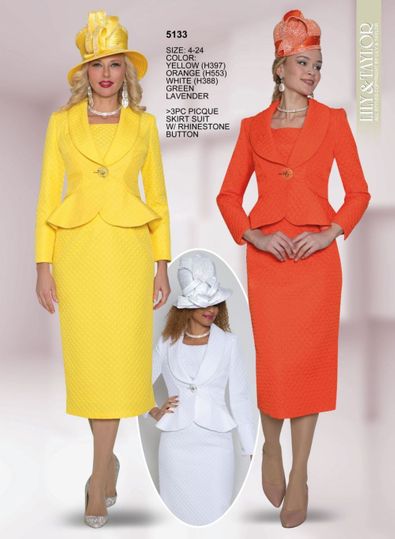 Lily & Taylor <br> (Volume 133) <br> LT5133 <br> <br> Yellow   <br>  Orange  <br>  White   <br>  Green   <br>  Lavender <br> 4 6 8 10 12 14 16 18 20 22 24<BR><BR>3PC Pique Skirt Suit w/ Rhinestone Button