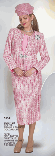 Lily & Taylor <br> (Volume 136) <br> LT5134 <br> <br> PINK/MULTI <br>  GOLD/MULTI <br> 4 6 8 10 12 14 16 18 20 22<BR><BR>3Pc Fine Tweed Skirt Suit w/Rhinestone Closure & Brooch