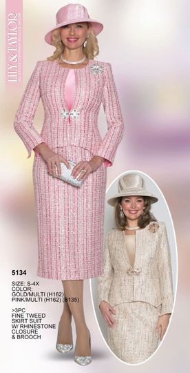 Lily & Taylor <br> (Volume 133) <br> LT5134 <br> <br> Gold/Multi    <br>  Pink/Multi <br> S M L 1x 2x 3x 4x<BR><BR>3PC Fine Tweed Skirt Suit w/ Rhinestone Closure & Brooch