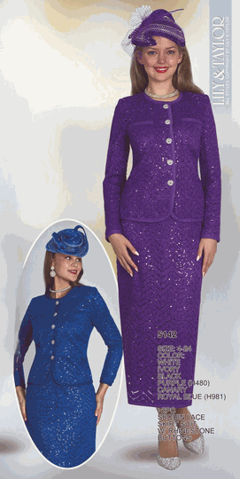 Lily & Taylor <br> (Volume 136) <br> LT5142 <br> <br> WHITE <br>  IVORY <br>  BLACK <br>  PURPLE <br>  CANARY <br>  ROYAL-BLUE <br> 4 6 8 10 12 14 16 18 20 22 24<BR><BR>2Pc Sequin Lace Skirt Suit w/Rhinestone Buttons