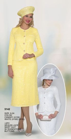 Lily & Taylor <br> (Volume 133) <br> LT5142 <br> <br> Canary  <br>    White <br> 6 8 10 12 14 16 18 20 22 24<BR><BR>2PC Sequin Lace Skirt Suit w/ Rhinestone Buttons