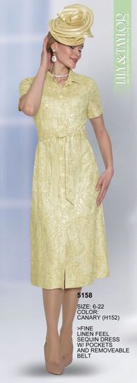 Lily & Taylor <br> (Volume 133) <br> LT5158 <br> <br> Canary   <br>  White   <br>  Pink <br>  6 8 10 12 14 16 18 20 22 <BR><BR> Fine Linen Feel Sequin Dress with Pockets and Removeable Belt