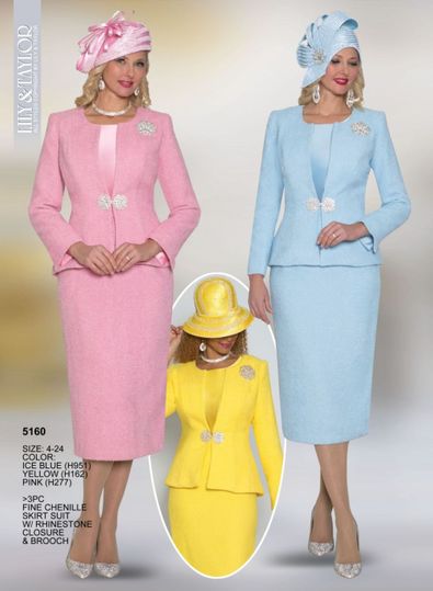 Lily & Taylor <br> (Volume 133) <br> LT5160 <br> <br> Ice-Blue     <br>  Yellow     <br>  Pink <br>  4 6 8 10 12 14 16 18 20 22 24 <BR><BR> 3PC Fine Chenille Skirt Suit with Rhinestone Closure & Brooch