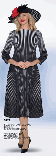 Lily & Taylor <br> (Volume 134) <br> LT5171 <br> <br> Black/White <br> S/M L/XL 2XL/3XL<BR><BR>Fine Pleated Maxi Dress w/Removable Belt