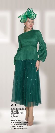 Lily & Taylor <br> (Volume 133) <br> LT5174 <br> <br> Green    <br>  Pink   <br>  Purple <br>  S/M L/1x  2X/3X <BR><BR> 2PC Fine Pleated Blouse with Elegant Maxi Tulle Skirt with Rhinestone