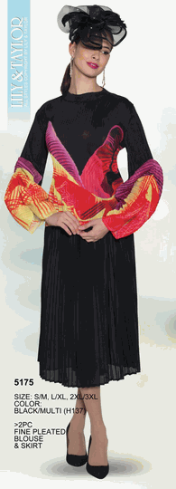 Lily & Taylor <br> (Volume 134) <br> LT5175 <br> <br> Black/Multi <br> S/M L/XL 2XL/3XL<BR><BR>2 Pc Fine Pleated Blouse & Skirt