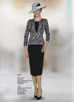 Lily & Taylor <br> (Volume 133) <br> LT5177 <br> <br> Black/White  <br>  White/White   <br>  Canary <br>  4 6 8 10 12 14 16 18 20 22 24 <BR><BR> 3PC Upscale Novelty Skirt Suit with Couture Closure & Brooch
