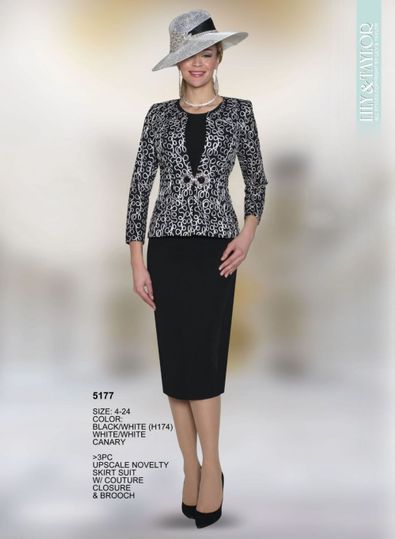 Lily & Taylor <br> (Volume 133) <br> LT5177 <br> <br> Black/White  <br>  White/White   <br>  Canary <br>  4 6 8 10 12 14 16 18 20 22 24 <BR><BR> 3PC Upscale Novelty Skirt Suit with Couture Closure & Brooch