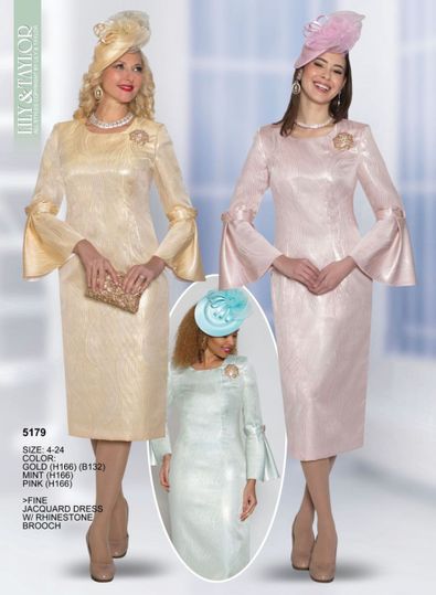 Lily & Taylor <br> (Volume 133) <br> LT5179 <br> <br> Gold    <br>  Mint  <br>  Pink  <br>  4 6 8 10 12 14 16 18 20 22 24 <BR><BR> Fine Jacquard Dress with Rhinestone Brooch