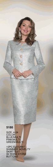Lily & Taylor <br> (Volume 134) <br> LT5180 <br> <br> Blue/Multi  <br>  Pink/Multi  <br>  Green/Multi <br> 4 6 8 10 12 14<br>   16 18 20 22 24<BR><BR>2 Pc Elegant Shimmer Novelty Skirt Suit w/Rhinestone Buttons
