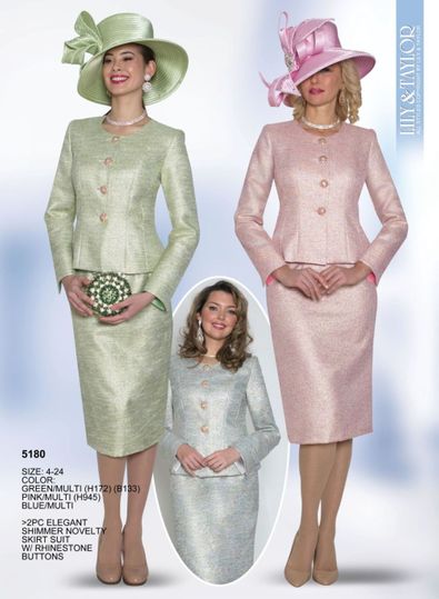 Lily & Taylor <br> (Volume 133) <br> LT5180 <br> <br> Green/Multi     <br>  Pink/Multi     <br>  Blue/Multi <br>  4 6 8 10 12 14 16 18 20 22 24 <BR><BR> 2PC Elegant Shimmer Novelty Skirt Suit with Rhinestone Buttons