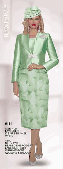 Lily & Taylor <br> (Volume 133) <br> LT5181 <br> <br> Lavender   <br>  Ice-Green   <br>  White  <br>  4 6 8 10 12 14 16 18 20 22 24 <BR><BR> 3PC Silky Twill Beaded Embroidery Lace Skirt Suit with Rhinestone Closure & Brooch