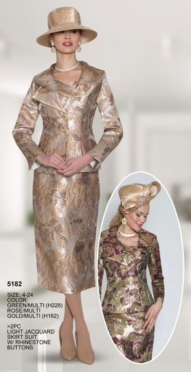 Lily & Taylor <br> (Volume 133) <br> LT5182 <br> <br> Green/Multi    <br>  Rose/Multi  <br>  Gold/Multi <br>  4 6 8 10 12 14 16 18 20 22 24 <BR><BR> 2PC Light Jacquard Skirt Suit with Rhinestone Buttons