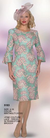 Lily & Taylor <br> (Volume 133) <br> LT5183 <br> <br> Mint/Multi <br>  4 6 8 10 12 14 16 <BR><BR> Fine Couture Lace Dress with Rhinestone Brooch