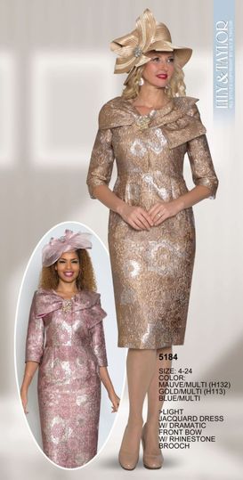 Lily & Taylor <br> (Volume 133) <br> LT5184 <br> <br> Mauve/Multi  <br>    Gold/Multi  <br>  Blue/Multi <br>  4 6 8 10 12 14 16 18 20 22 24 <BR><BR> Light Jacquard Dress with Dramatic Front Bow with Rhinestone Brooch