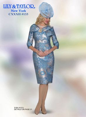 Lily & Taylor <br> (Volume 133) <br> LT5184 <br> <br> Mauve/Multi  <br>    Gold/Multi  <br>  Blue/Multi <br>  4 6 8 10 12 14 16 18 20 22 24 <BR><BR> Light Jacquard Dress with Dramatic Front Bow with Rhinestone Brooch