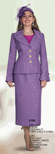 Lily & Taylor <br> (Volume 136) <br> LT5185 <br> <br> GOLD/MULTI <br>  PURPLE/MULTI <br> 4 6 8 10 12 14 16 18 20 22 24<BR><BR>2Pc Fine Light Shimmer Tweed Skirt Suit w/Rhinestone Buttons