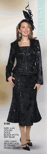 Lily & Taylor <br> (Volume 133) <br> LT5186 <br> <br> Sky-Blue   <br>  Black  <br>  Gold  <br>  4 6 8 10 12 14 16 18 20 22 24 <BR><BR> 2PC Light Sequin Lace Skirt Suit with Zipper Front Jacket