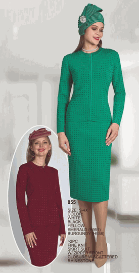 Lily & Taylor <br> (Volume 136) <br> LT855 <br> <br> WHITE <br>  BLACK <br>  YELLOW <br>  EMERALD <br>  BURGUNDY <br> S M L XL 1x 2x 3x 4x<BR><BR>2Pc Fine Knit Skirt Suit w/Zipper Front Closure w/Scattered Rhinestone