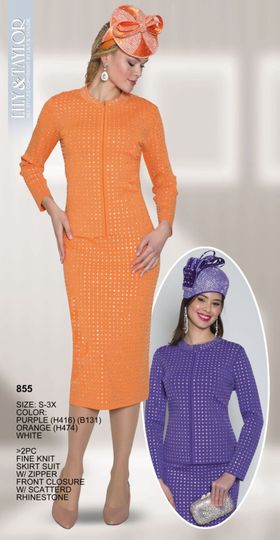 Lily & Taylor <br> (Volume 133) <br> LT855 <br> <br> PURPLE  <br>  ORANGE    <br>  WHITE <br> S M L 1x 2x 3x<BR><BR>2PC FINE KNIT SKIRT SUIT W/ ZIPPER FRONT CLOSURE W/ SCATTERD RHINESTONE