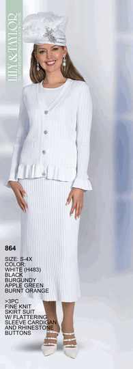 Lily & Taylor <br> (Volume 136) <br> LT864 <br> <br> WHITE <br>  BLACK <br>  BURGUNDY <br>  APPLE-GREEN <br>  BURNT-ORANGE <br> S M L XL 1x 2x 3x 4x<BR><BR>3Pc Fine Knit Skirt Suit w/Flattering Sleeve Cardigan And Rhinestone Buttons
