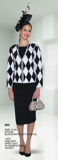 Lily & Taylor <br> (Volume 133) <br> LT865 <br> <br> Black/White <br>  S M L 1x 2x 3x 4x <BR><BR> 3PC Fine Knit Skirt Suit with Rhinestone Jacket
