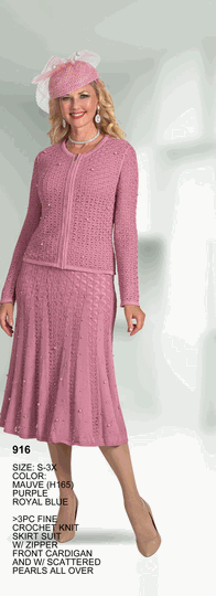 Lily & Taylor <br> (Volume 136) <br> LT916 <br> <br> MAUVE <br>  PURPLE <br>  ROYAL-BLUE <br> S M L XL 1x 2x 3x<BR><BR>3Pc Fine Crochet Knit Skirt Suit w/Zipper Front Cardigan And w/Scattered Pearls All Over
