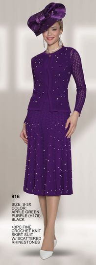 Lily & Taylor <br> (Volume 133) <br> LT916 <br> <br> Apple-Green   <br>  Purple    <br>  Black <br> S M L 1x 2x 3x<BR><BR>3PC Fine Crochet Knit Skirt Suit w/ Scattered Rhinestones