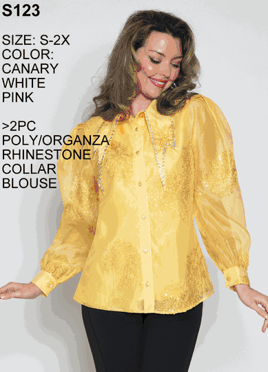 Lily & Taylor <br> (Volume 133) <br> LTS123 <br> <br> Canary   <br>  White   <br>  Pink   <br>  S M L 1x 2x <BR><BR> 2PC Poly/Organza Rhinestone Collar Blouse