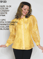 Lily & Taylor <br> (Volume 133) <br> LTS123 <br> <br> Canary   <br>  White   <br>  Pink   <br>  S M L 1x 2x <BR><BR> 2PC Poly/Organza Rhinestone Collar Blouse