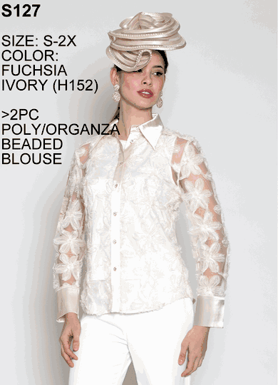 Lily & Taylor <br> (Volume 133) <br> LTS127 <br> <br> Fuchsia   <br>  Ivory <br>  S M L 1x 2x <BR><BR> 2PC Poly/Organza Beaded Blouse