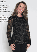 Lily & Taylor <br> (Volume 133) <br> LTS128 <br> <br>  Black   <br>  Ivory/Multi  <br>  S M L 1x 2x <BR><BR> 2PC Poly/Organza Beaded Blouse