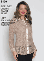 Lily & Taylor <br> (Volume 133) <br> LTS130 <br> <br>  Black   <br>  Beige <br>  S M L 1x 2x <BR><BR> 2PC Poly/Organza Embroidery Blouse