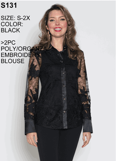 Lily & Taylor <br> (Volume 133) <br> LTS131 <br> <br>  Black  <br>  S M L 1x 2x <BR><BR> 2PC Poly/Organza Embroidery Blouse