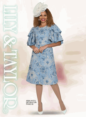 Lily & Taylor <br> (Volume 134) <br> LT4994 <br> <br> Blue/Multi  <br>  White <br> 4 6 8 10 12 <br> 14 16 18 20<BR><BR>Fine Eyelet Dress w/Double Butterfly Sleeve