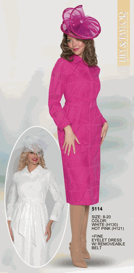Lily & Taylor <br> (Volume 134) <br> LT5114 <br> <br> White  <br>  Hot-Pink <br> 8 10 12 14 16 18 20<BR><BR>Fine Eyelet Dress w/Removable Belt