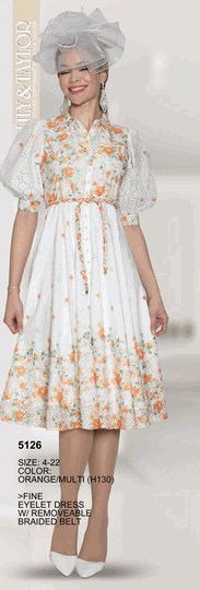 Lily & Taylor <br> (Volume 134) <br> LT5126 <br> <br> Orange/Multi <br> 4 6 8 10 12 14 <br> 16 18 20 22<BR><BR>Fine Eyelet Dress w/Removable Braided Belt
