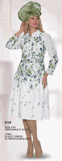 Lily & Taylor <br> (Volume 134) <br> LT5129 <br> <br> Green/Multi <br> 4 6 8 10 12 14<br>   16 18 20 22 24<BR><BR>Fine Eyelet Dress w/Removable Belt