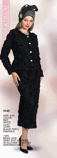 Lily & Taylor <br> (Volume 136) <br> LT5145 <br> <br> RED <br>  WHITE <br>  LILAC <br>  IVORY <br>  BLACK <br>  EMERALD <br> 4 6 8 10 12 14 16 18 20 22 24<BR><BR>3Pc Mesh Lace Skirt Suit Adorned w/Allover Rosettes w/Rhinestones